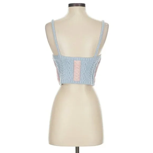 For Love & Lemons Blue & Pink Cable Knit 2-Piece Set Cropped Tank & Shrug XS/S - Picture 13 of 16